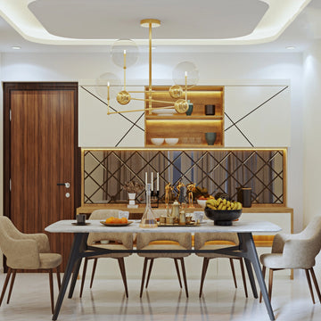Contemporary Dining Room Design With Chandelier And Sideboard